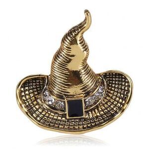 Goth Witches Hat Brooch Gold Tone, Engraved Design, Jewels, And Black stone
